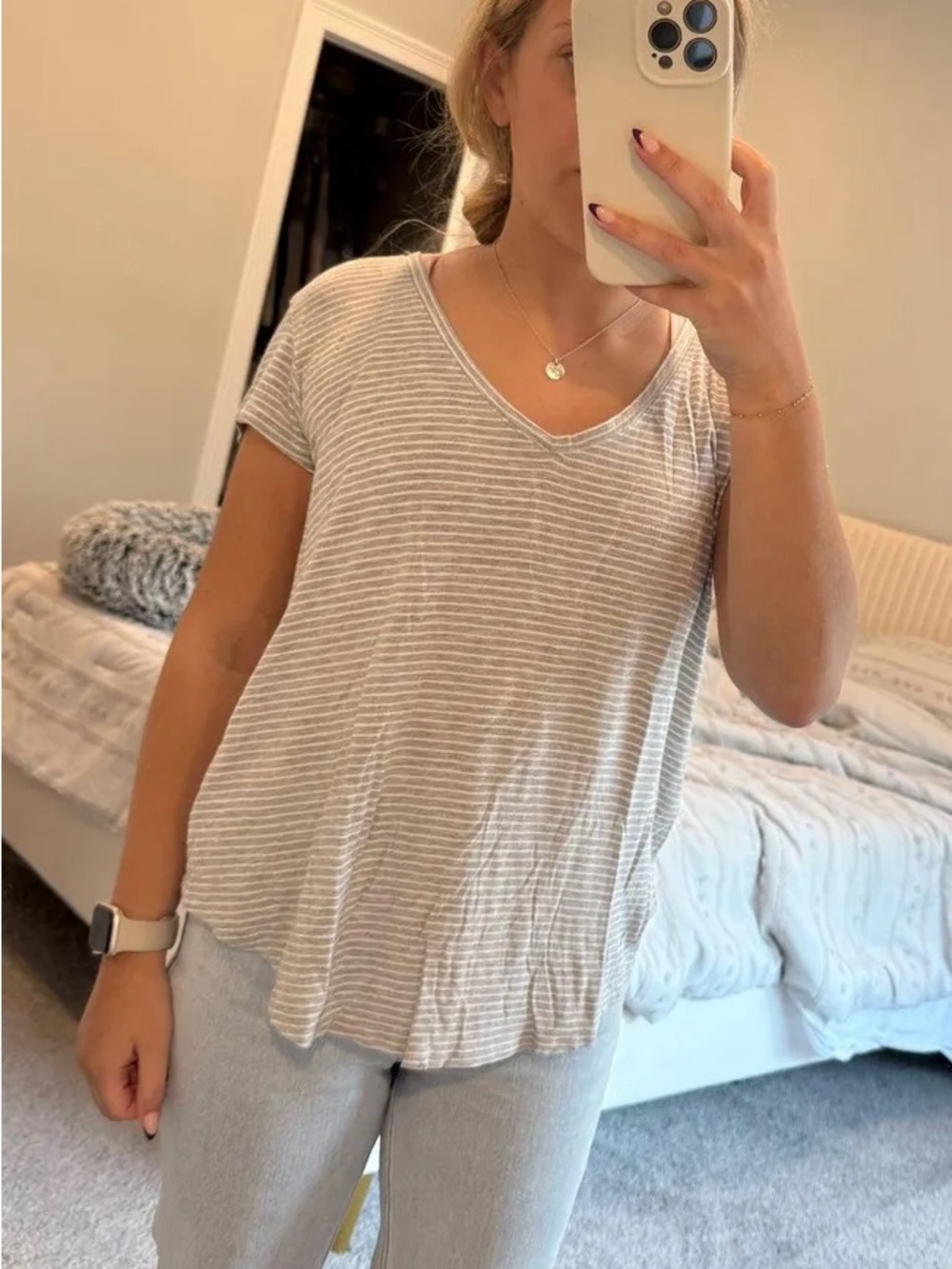 American Eagle Outfitters Light Gray & White Striped V-Neck Tee